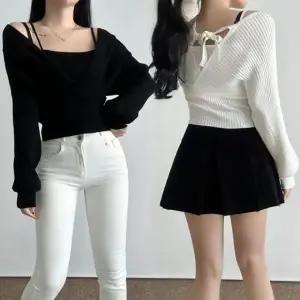 헤더스백리티 니트 브이넥 리본 오프 긴팔 나시 골지 산 티숙 실버온 여성 하이로보 나시 겨울 민소매 티