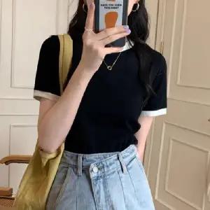 골지 티셔츠 엣지 배색라인 반팔 슬림한 바디라인 연출