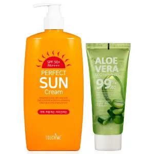선크림 500ml 1개+알로에수딩젤 1개 백탁없는 남자 여자 바디 썬크림 톤업 수분 선세럼