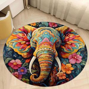 코끼리 원형 지역 러그 만다라 컬러풀 플라워 보호 레트로 종족 부족 아프리카 보헤미안 인도 열대 야생 동물 서클 논 슬립 매트 주방 거실 침실 욕실 장식 4피트
