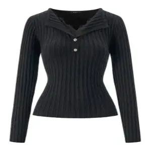 레이스 레이어드 트임넥 골지 긴팔 니트 GQAKT006D)