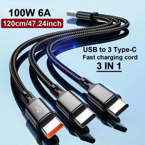 3 in 1 고속 충전 케이블 6A USB to 3타입 C 코드 빠른 데이터 전송 와이어 아이폰 화웨이 삼성 샤오미용
