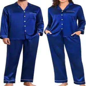 SWOMOG 커플 잠옷 여성 및 남성 매칭 세트 실크 새틴 Pj 긴 소매 버튼 다운 슬립웨어 2종 라운지웨어