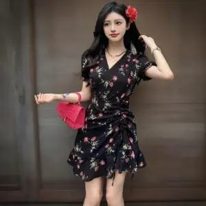 여성 꽃 패턴 랩 브이넥 셔링 쉬폰 미니 드레스
