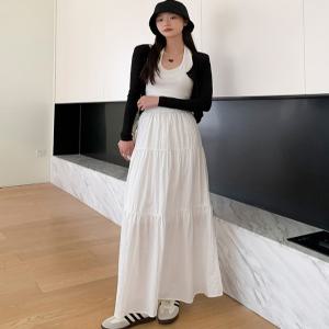 여성 데일리 하이웨스트 플레어 A라인 롱 스커트 심플 셔링 밴딩 와이드 스커트 롱치마