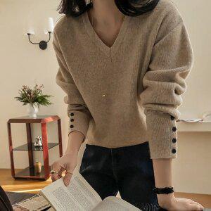 제인 소매 단추 브이넥 니트