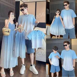 여름 엄마 아빠 시밀러 바캉스 가족여행 타이다이 스커트 그라데이션 패밀리룩 해변