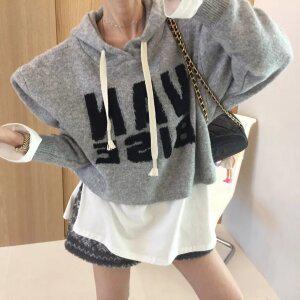 메시지 레터링 루즈핏 세미크롭 겨울 후드니트티 (2color)