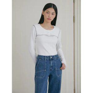 절개 배색 포인트 슬림핏 라운드넥 티셔츠 ER1CL261