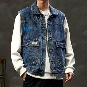 데일리 작업 구제 루즈핏 캐주얼 빈티지 레이어드 남성 데님 나시 봄가을 워싱 티류으