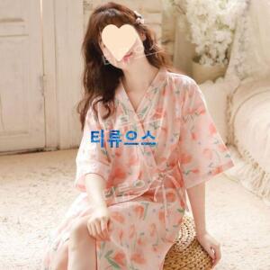 티류으스 여성 꽃무늬 잠옷 파자마 브이넥 핑크 유카타 목욕가운