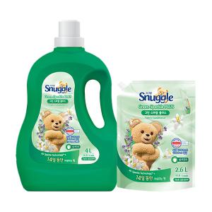 스너글 섬유유연제 그린 스파클 플러스 용기, 4L, 1개 + 리필, 2.6L, 1개