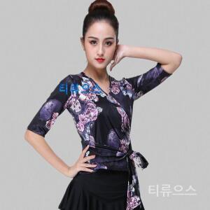 여성 라틴댄스복 V넥 상의 사교 볼륨 라인댄스 공연복 티류으스