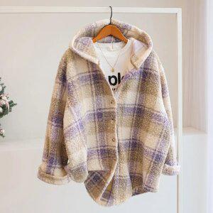 [잇수다] 라넬슈 체크 부클 뽀글이 오버핏 후드 셔츠 자켓