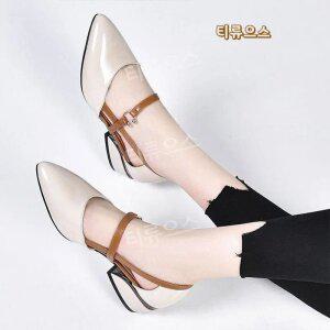 뾰족코 청키 힐 유광 미들힐 샌들 발목 스트랩 구두 중년 여성 여름 신발 5cm 티류으스