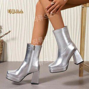 여성 앵클 부츠 가죽 청키힐 실버 은색 키높이 굽높은 구두220 225 10cm 티류으스