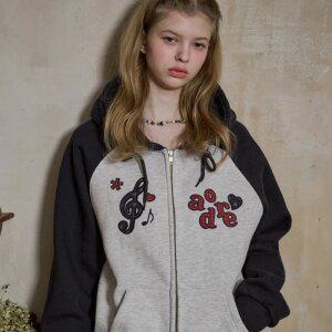 [2-WAY] 멜로디 패치 레글런 후드 집업 멜란지화이트