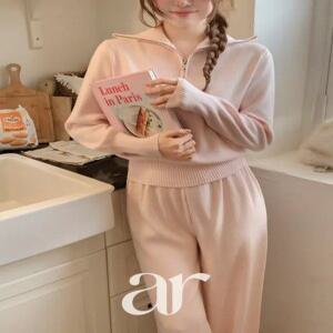 (포근보들/투피스세트/활용도굿) 알렌 반집업 하이넥 니트 올밴딩 팬츠 세트 st3007