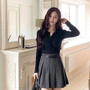 벨트 세트 헤링본 플리츠 미니 스커트 sk6082