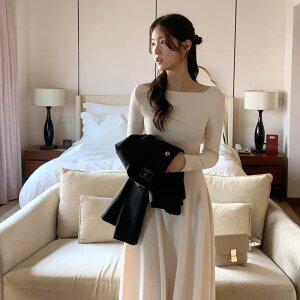 (청순가련핏/모임룩) 아델로 언발 오프숄더 플레어 롱 원피스 op15609