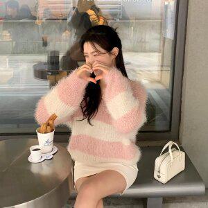 (여리니트/복슬폭닥) 캐슬리 솔잎 단가라 스트라이프 브이넥 루즈핏 니트 nt4421