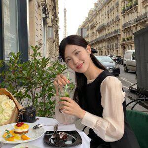 (텐셀함유/레이어드템/청순가련무드) 샤브레 퍼프 레이어드 텐셀 블라우스 bs8006