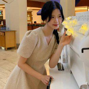(포실포근/내면기모/프린세스라인) 셀루나 부클 브이넥 A라인 플레어 반팔 미니 기모