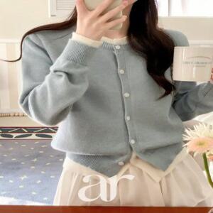 (브랜드퀄리티/레이어드한듯) 키브 버튼 배색 레이어드 라운드 가디건 cd3286