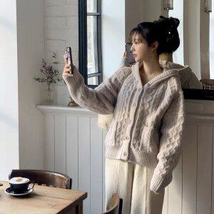 울함유 (도톰폭닥/색감맛집) 러버블 알파카라이크 보카시 케이블 후드 가디건 cd3291