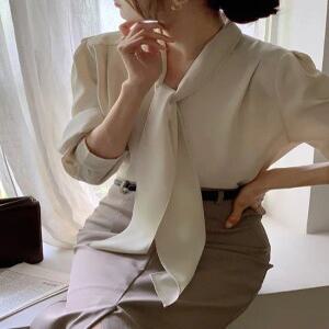 (브랜드디자인/활용도최고/구김) 드라엘 브이넥 타이 긴팔 블라우스 bs8425