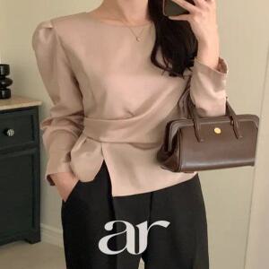 (출근하객1위/체형순삭) 메리안 언발 셔링 라운드넥 긴팔 블라우스 bs8423