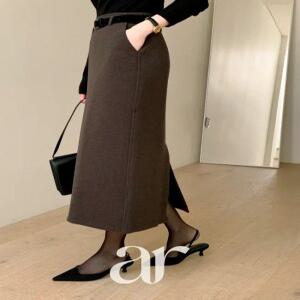 메리노울 벨트세트 H라인 슬릿 롱 스커트 하객룩 오피스룩 데이트룩 출근룩 나들이룩