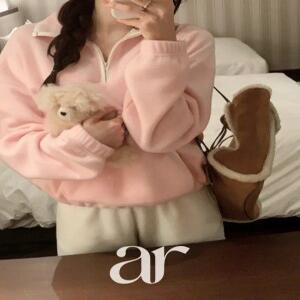 (후리스맨투맨) 2타입 포켓 배색 후리스 스트링 반집업 맨투맨 아노락 겨울티셔츠 데일