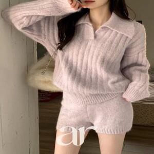 울함유 (데일리코지룩/꾸안꾸/SET) 뮤디 알파카 울 와이드 카라 골지 니트 쇼츠 투피스