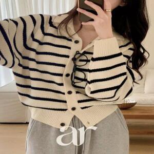 (라벨포인트/스트라이프/MD추천템) 브레니 단가라 카라 라벨 긴팔 가디건 cd3562