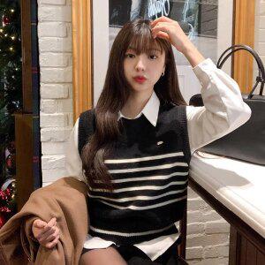 (셔츠니트조끼SET) 멜버른 펜던트 셔츠 스트라이프 니트 베스트 세트 st2705