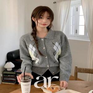 (울함유) 아가일 체크 카라 울 니트 가디건 데일리룩 아가일니트 오피스룩 데이트룩 c