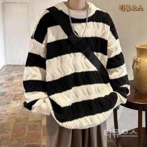 티류으스 니트맨투맨 남성 스트라이프 풀오버 라운드