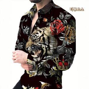3D 호랑이 와이셔츠 체크남방 카라넥 긴팔 셔츠 티류으스