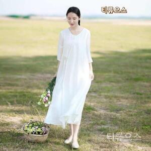 티류으스 린넨 철릭 원피스 7부 롱 브이넥 찰랑 40대 50대 여름반팔 마원피스 흰색