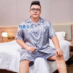 사이즈 새틴 루즈 라운지웨어 남성용 반팔 스 실크 파자마 단추 다운 2 피스 세트 잠옷