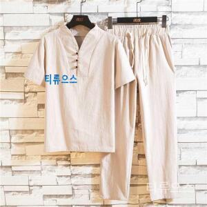 티류으스 남자 모시옷 여름 계량 중년 남방 반팔 모시 생활 반소매 세트 삼베