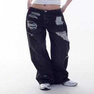 [ORDINARY HOLIDAY] 로우라이즈 데미지 와이드 진 [BLACK]