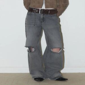 [ORDINARY HOLIDAY] 데미지 데님 와이드 팬츠 [GRAY]