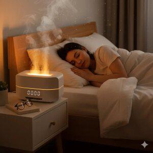 불멍 플레임 라이트 무드등 가습기 400ML 블루투스 스피커 알람탁상시계 기능 화이트에