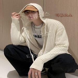 가디건 오버사이즈 후드집업 펀칭 그물니트 남성아우터 간절기 패딩 티류으스