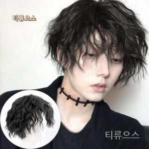 남자가발 통가발 중년 남성 인모 짧은 천연 곱슬 검은 합성 헤어 앞머리 인조 티류으스