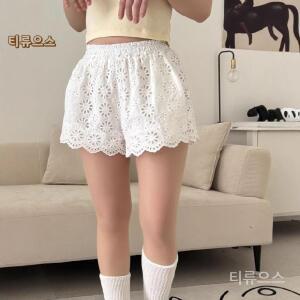 레이스반바지 허리 3부팬츠 분위기있는데일리룩 플라워귀여운 싱글사이즈 펀칭 짧은 티