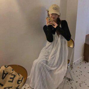 망사 시스루 뷔스티에 원피스 레이스 레이어드 롱 끈나시 드레스