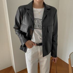 [시크릿라벨] 세미크롭오픈카라레더자켓